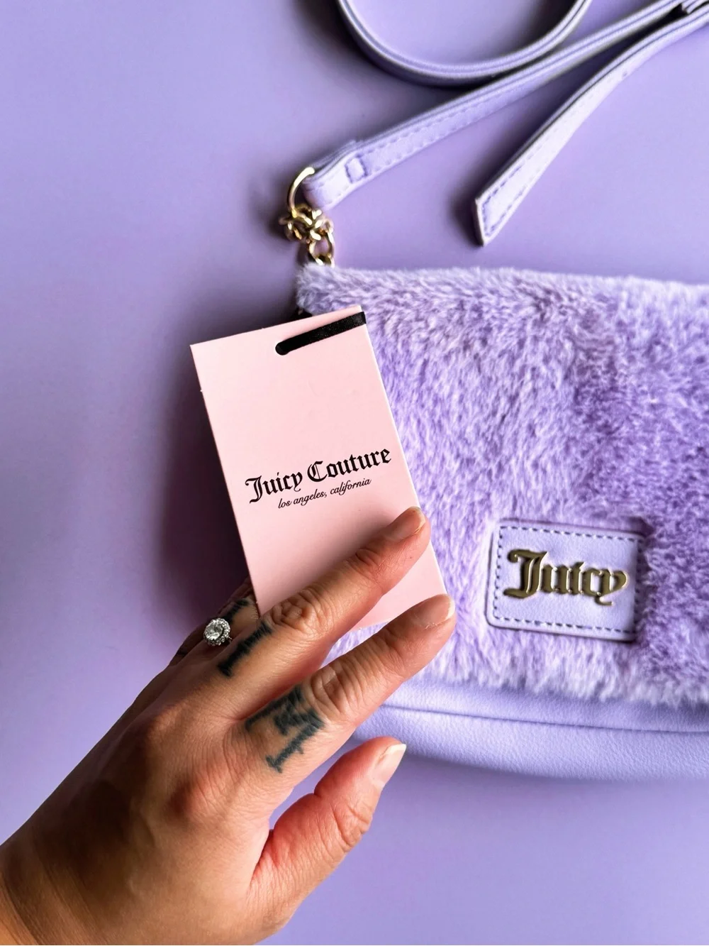 Y2K Juicy Couture Fluffy Purple Fur Gold Logo Crossbody Bag With Keychain NWT